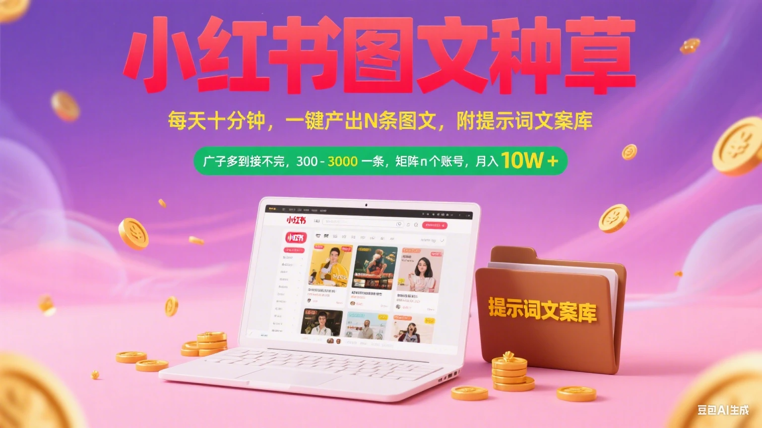 【精】小红书图文种草 每天十分钟 一键产出N条图文 附提示词文案库广子多到接不完 300-3000一条 矩阵n个账号 月入10W+