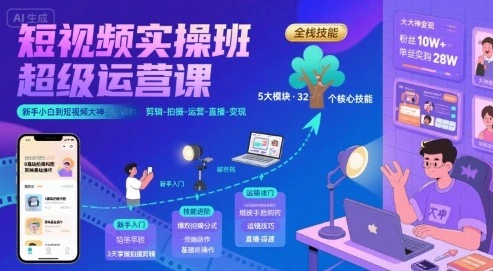 【精】短视频实操班超级运营课，新手小白到短视频大神必修课程，剪辑-拍摄-运营-直播-变现