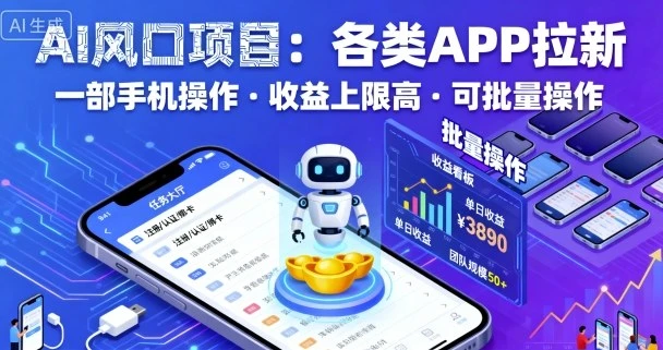 【精】AI风口项目，各类APP拉新，一部手机就可以操作，收益上限高，可批量操作