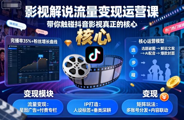 【精】影视解说流量变现运营课，带你触碰抖音影视真正的核心