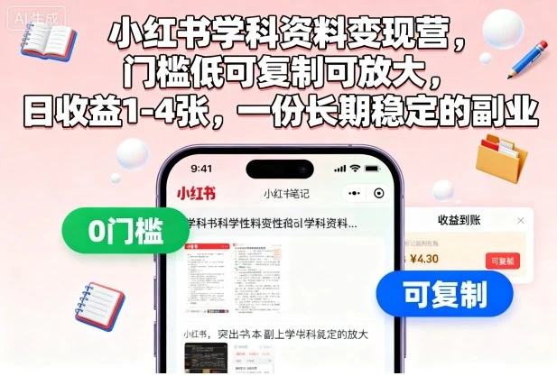 【精】小红书学科资料变现营,门槛低可复制可放大,日收益1-4张,一份长期稳定的副业