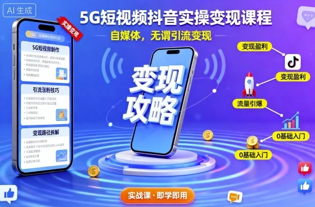 【精】5G短视频抖音实操变现课程，自媒体，无谓引流变现
