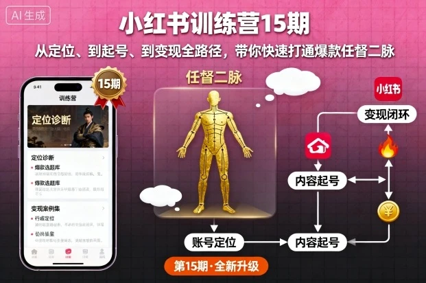【精】小红书训练营15期，从定位、到起号、到变现全路径，带你快速打通爆款任督二脉