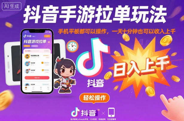 抖音手游拉单玩法,手机平板都可以操作,一天十分钟也可以收入上K【揭秘】