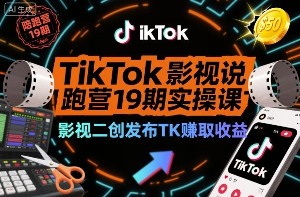 【精】TikTok影视解说陪跑营19期实操课,影视二创发布TK賺取收益,万播收益50美金