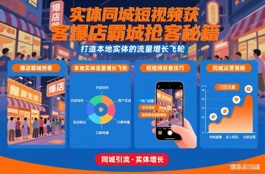 【精】实体同城短视频获客爆店霸城抢客秘籍，打造本地实体的流量增长飞轮-副业吧