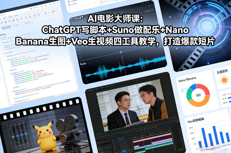 【精】AI电影大师课：ChatGPT写脚本+Suno做配乐+Nano Banana生图+Veo生视频，打造爆款短片-副业吧