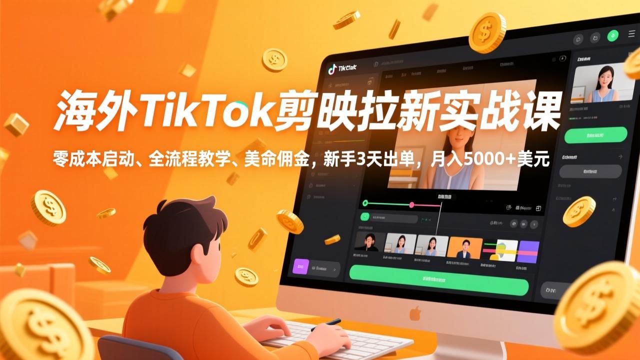 【精】海外TikTok剪映拉新实战课，零成本启动、全流程教学、美金佣金，新手3天出单，月入5000+美元-副业吧