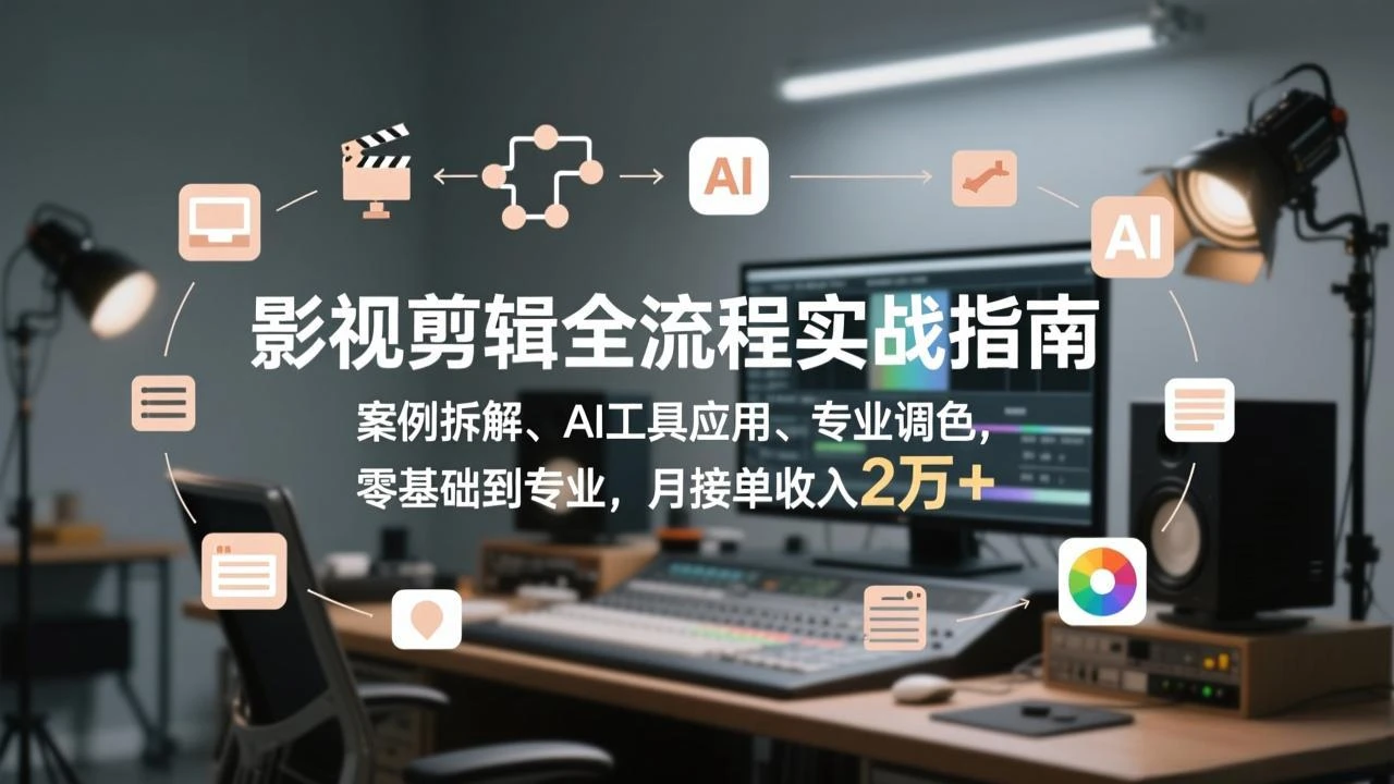【精】影视剪辑全流程实战指南，案例拆解、AI工具应用、专业调色，零基础到专业，月接单收入2万+-资源之家