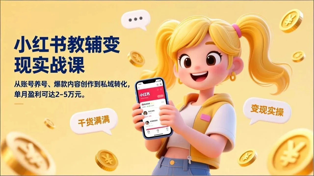 【精】小红书教辅变现实战课，从账号养号、爆款内容创作到私域转化，单月盈利可达2-5万元-资源之家