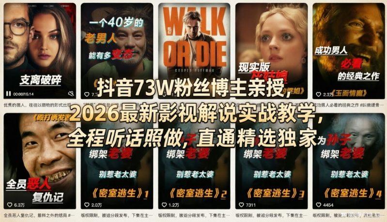 【精】抖音73W粉丝博主亲授,2026最新影视解说实战教学,全程听话照做,直通精选独家