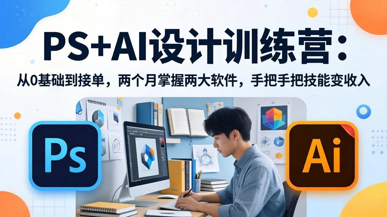 【精】PS+AI设计训练营：从0基础到接单，两个月掌握两大软件，手把手把技能变收入-资源之家