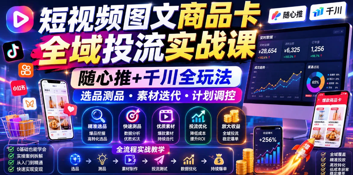 【精】短视频图文商品卡全域投流实战课,随心推+千川全玩法,选品测品・素材迭代・计划调控,提升ROI爆单增收教程