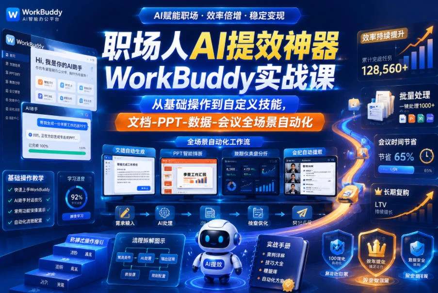【精】职场人AI提效神器WorkBuddy实战课,从基础操作到自定义技能,文档-PPT-数据-会议全场景自动化-副业吧 【精】职场人AI提效神器WorkBuddy实战课,从基础操作到自定义技能,文档-PPT-数据-会议全场景自动化-副业吧