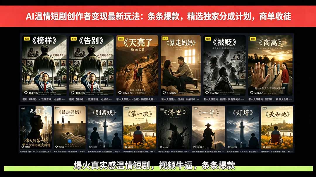 【精】AI温情短剧创作者变现最新玩法：视频牛逼，条条爆款，精选独家分成计划，商单收徒-副业吧