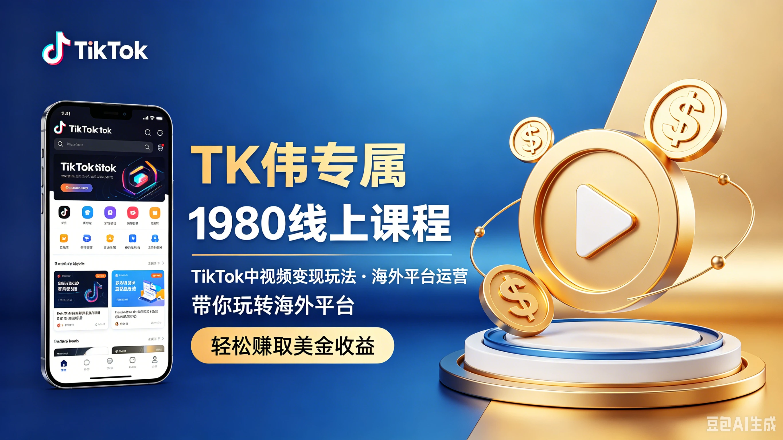 【精】TK伟专属1980线上课程，主打TikTok中视频变现玩法，带你玩转海外平台、轻松赚取美金收益
