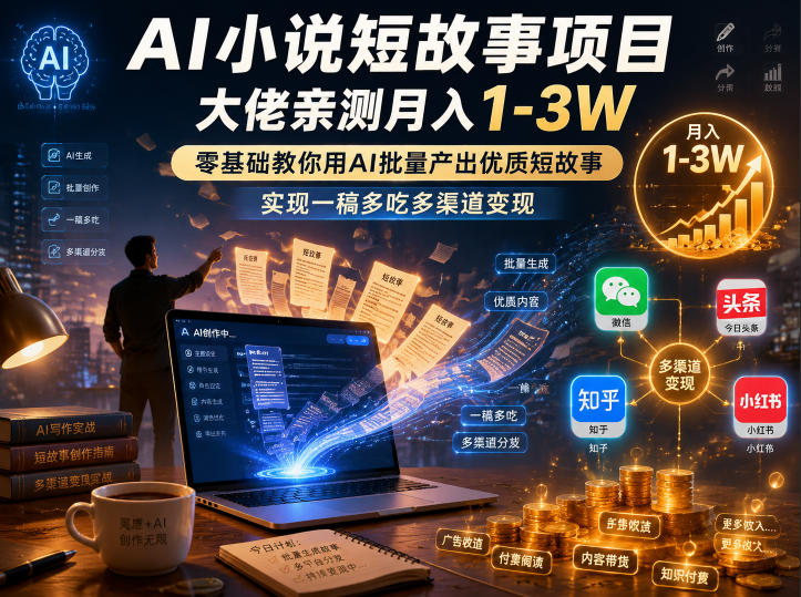 【精】AI小说短故事项目,大佬亲测月入1-3W,零基础教你用AI批量产出优质短故事,实现一稿多吃多渠道变现