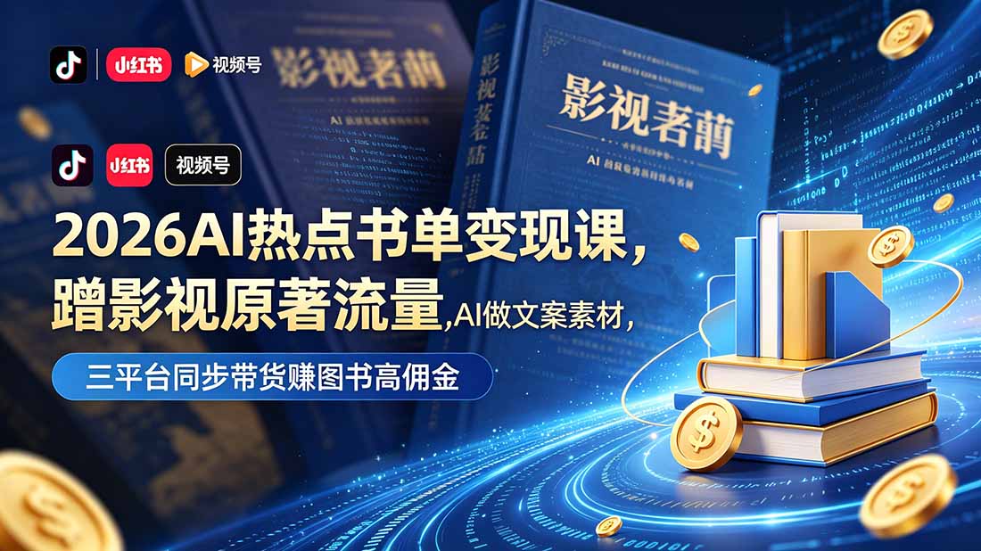 【精】2026AI热点书单变现课，蹭影视原著流量，AI做文案素材，三平台同步带货赚图书高佣金