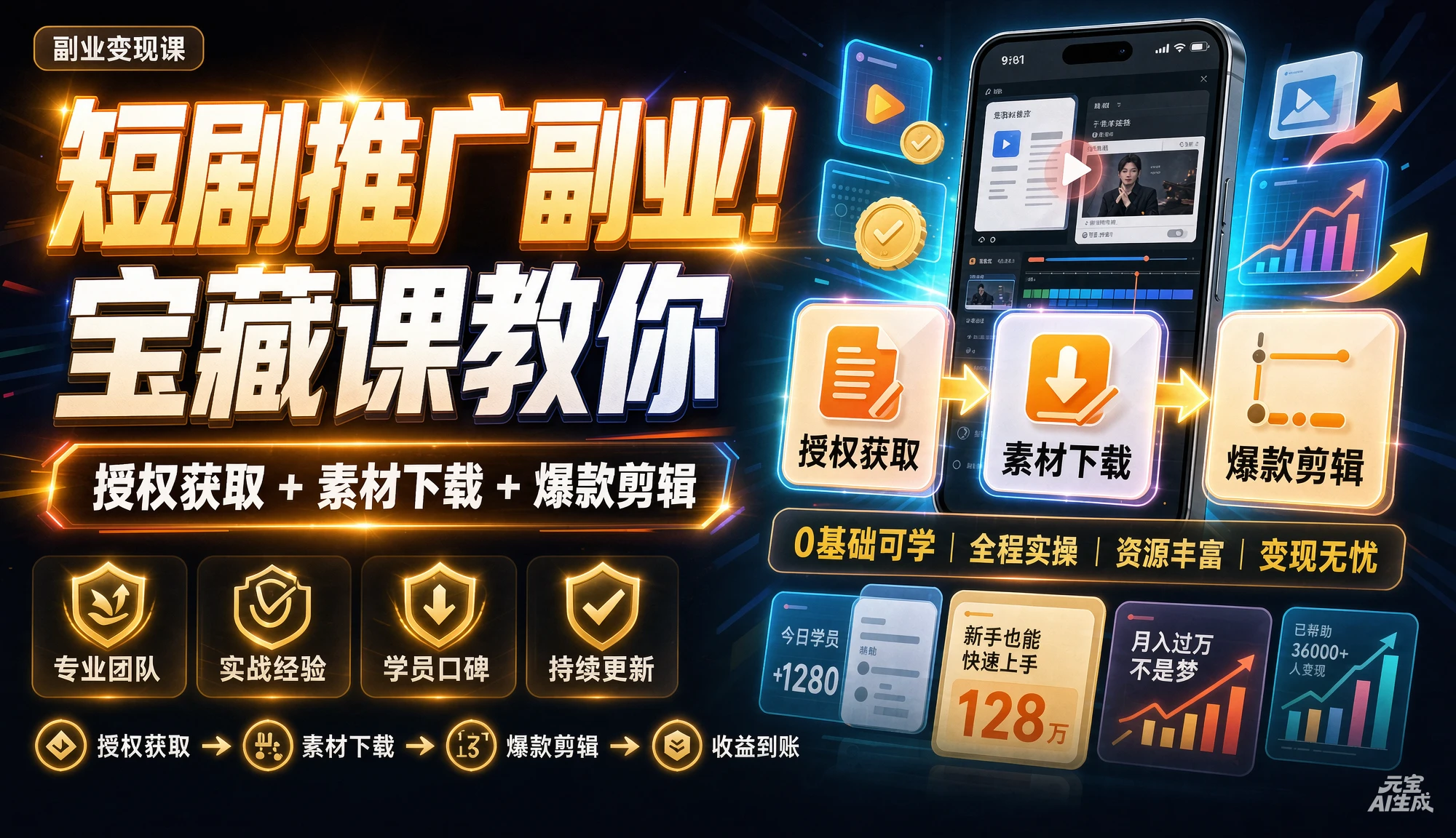 短剧推广副业！宝藏课教你授权获取 + 素材下载 + 爆款剪辑