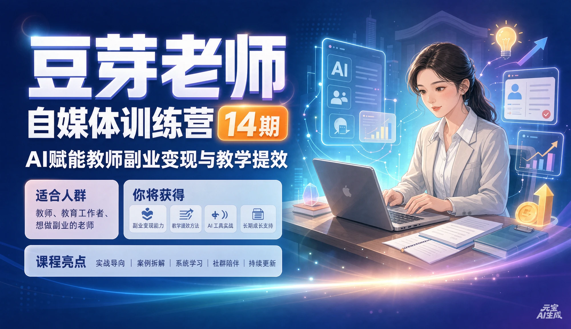 【精】豆芽老师-自媒体训练营14期：AI赋能教师副业变现与教学提效（爆款文案+剪映实操+无风险开店）