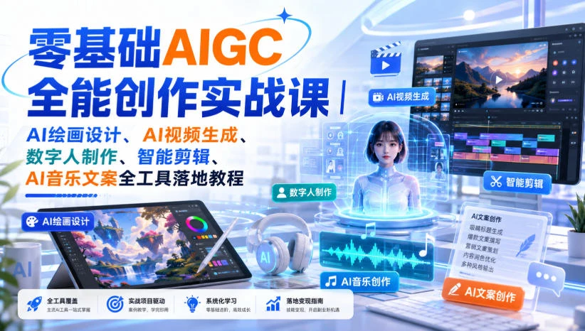 【精】零基础AIGC全能创作实战课｜AI绘画设计、AI视频生成、数字人制作、智能剪辑、AI音乐文案全工具落地教程