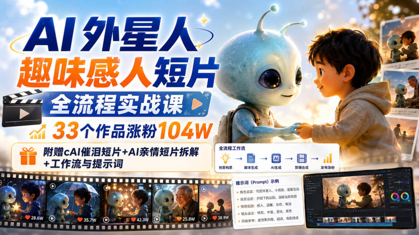 【精】AI外星人趣味感人短片全流程实战课,33个作品涨粉104W,附赠AI催泪短片+AI亲情短片拆解+工作流与提示词