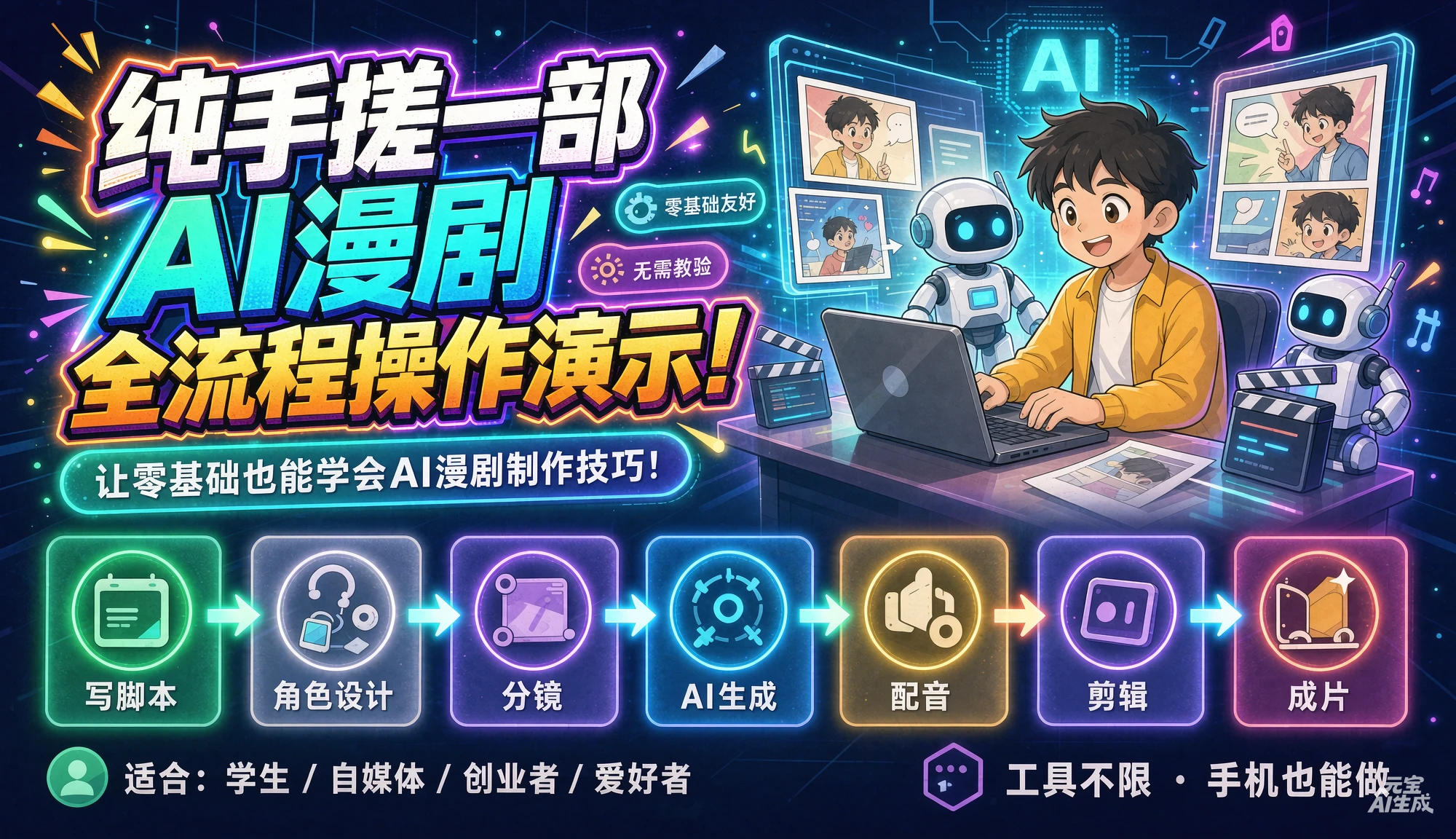 【精】纯手搓一部AI漫剧全流程操作演示！让零基础也能学会AI漫剧制作技巧！更多AI漫剧工具提示词+变现方法及全套教程