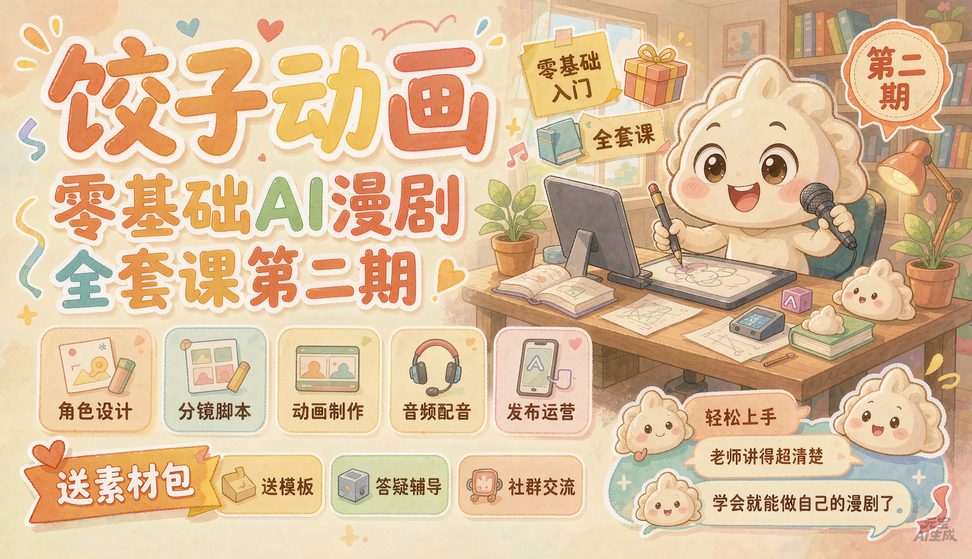 【精】饺子动画·零基础ai漫剧全套课第二期，原创剧本+小说改编+人物场景生成，从AI分镜到剪辑成片全流程实操