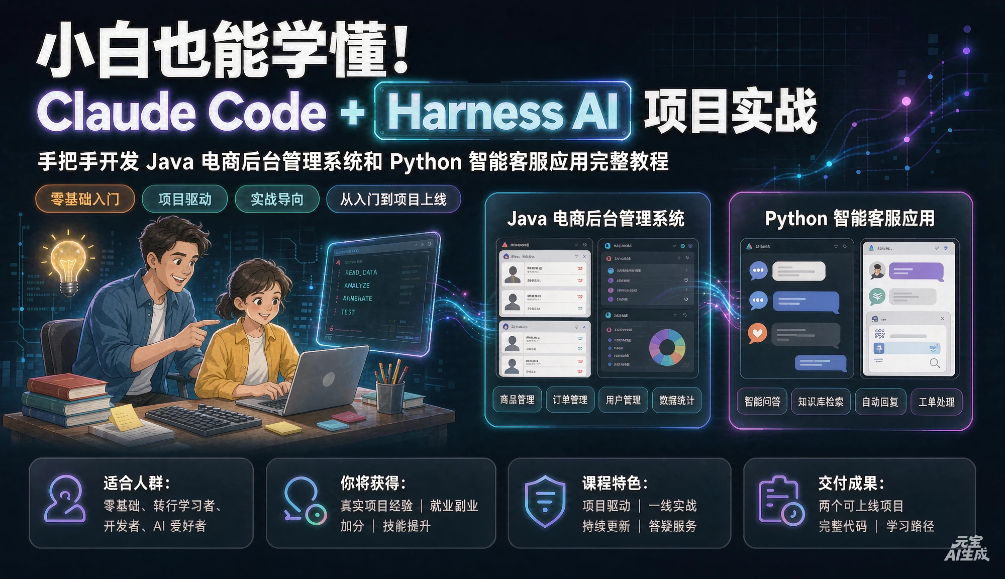 【精】小白也能学懂！Claude Code加Harness AI项目实战，手把手开发Java电商后台管理系统和Python智能客服应用完整教程