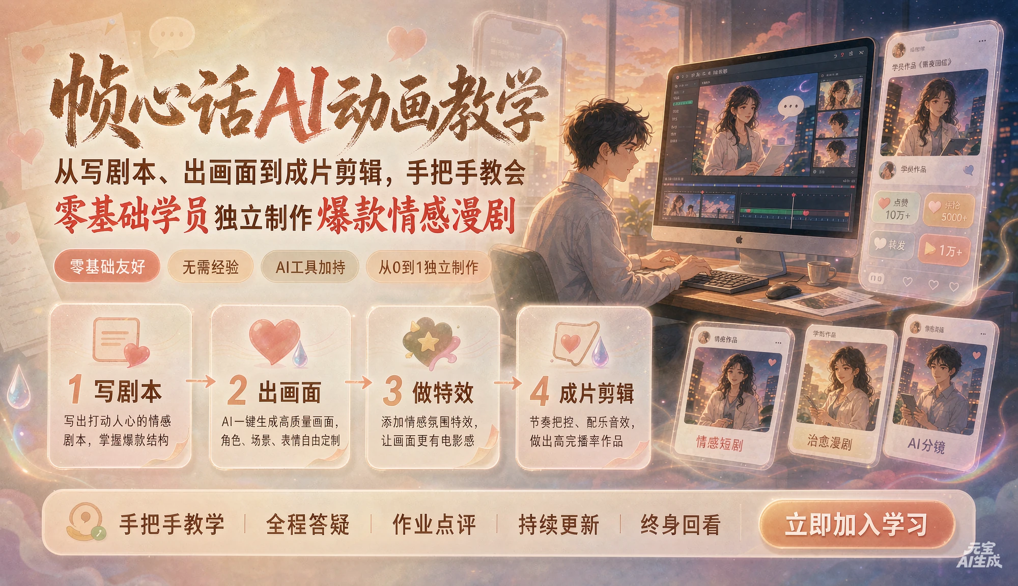 【精】帧心话AI动画教学｜从写剧本、出画面到成片剪辑，手把手教会零基础学员独立制作爆款情感漫剧