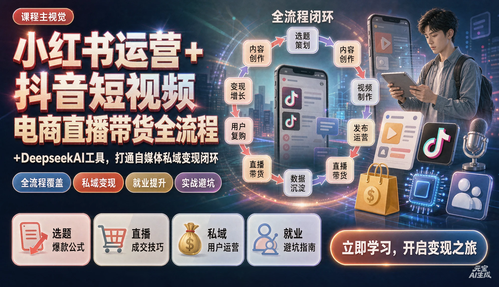 【精】小红书运营抖音短视频电商直播带货全流程+DeepseekAI工具,打通自媒体私域变现闭环,教你就业避坑少走弯路。