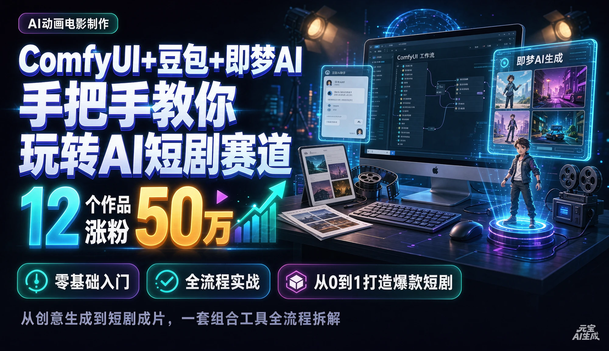 【精】AI动画电影制作，12个作品涨粉50万，手把手教你ComfyUI+豆包+即梦AI玩转AI短剧赛道
