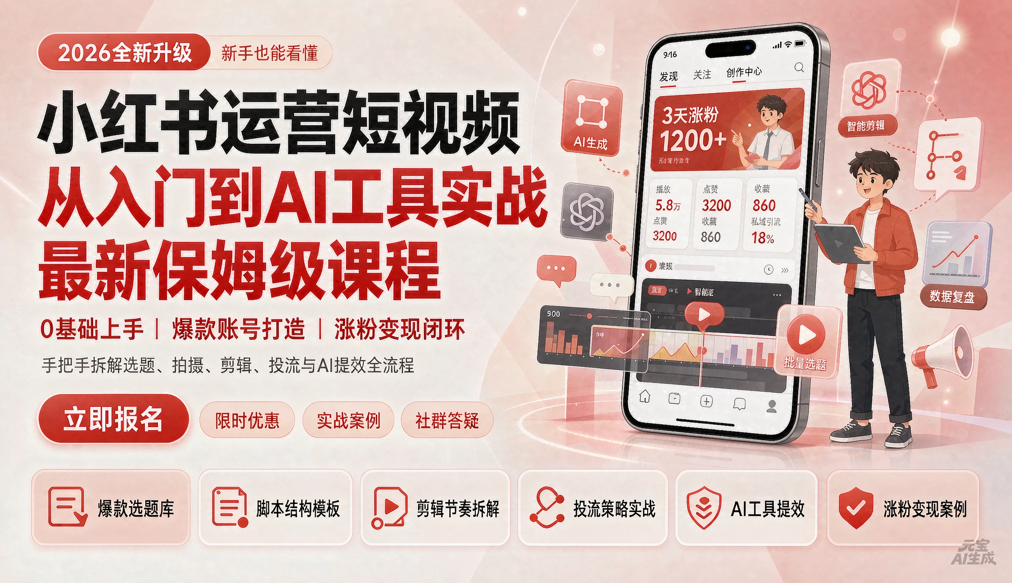 【精】小红书运营短视频最新保姆级课程 从入门到AI工具实战,吊打全网99%教程的顶级课程(附实战案例)
