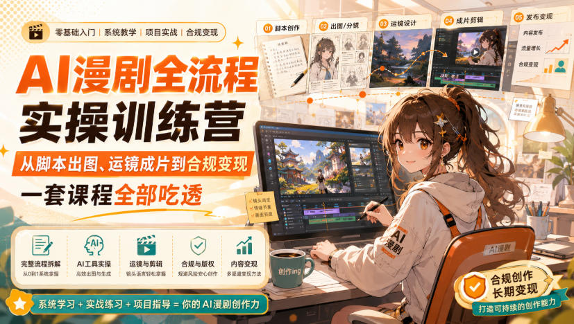 【精】青云AI漫剧实操课,AI漫剧全流程实操训练营,从脚本出图、运镜成片到合规变现,一套课程全部吃透
