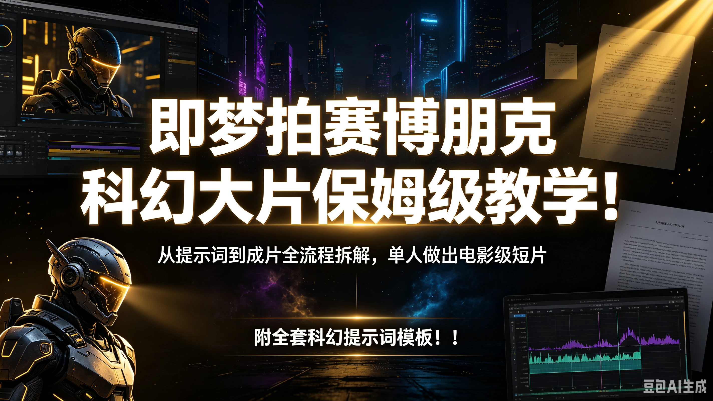 【精】即梦拍赛博朋克科幻大片保姆级教学！从提示词到成片全流程拆解，单人做出电影级短片，附全套科幻提示词模板！！