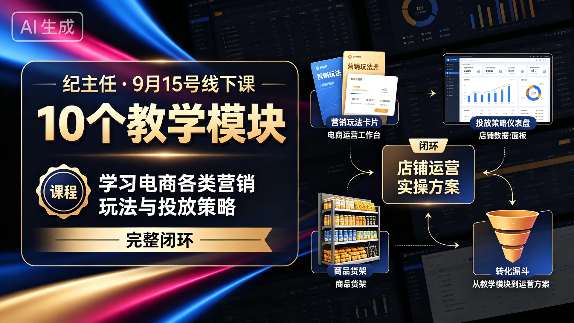 【精】纪主任・9月15号线下课,带你通过10个教学模块学习电商各类营销玩法与投放策略,掌握店铺运营实操方案的完整闭环