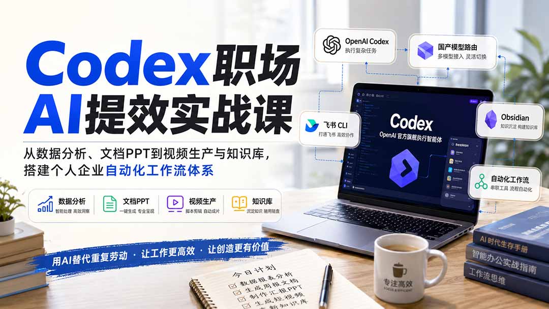 【精】Codex职场AI提效实战课:从数据分析、文档PPT到视频生产与知识库,搭建个人企业自动化工作流体系