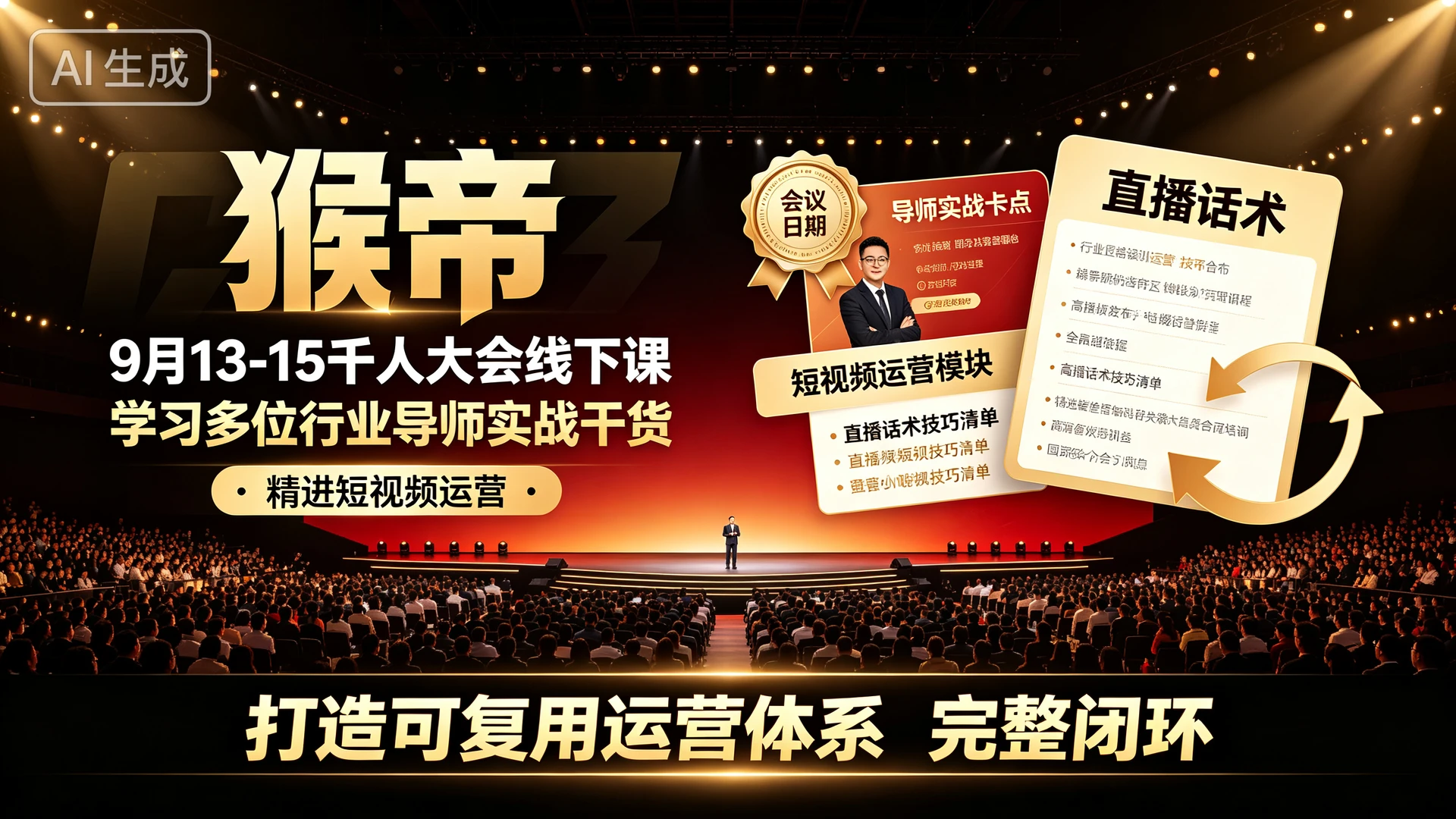 【精】猴帝9月13-15千人大会线下课，带你学习多位行业导师实战干货，精进短视频运营与直播话术打造可复用运营体系的完整闭环