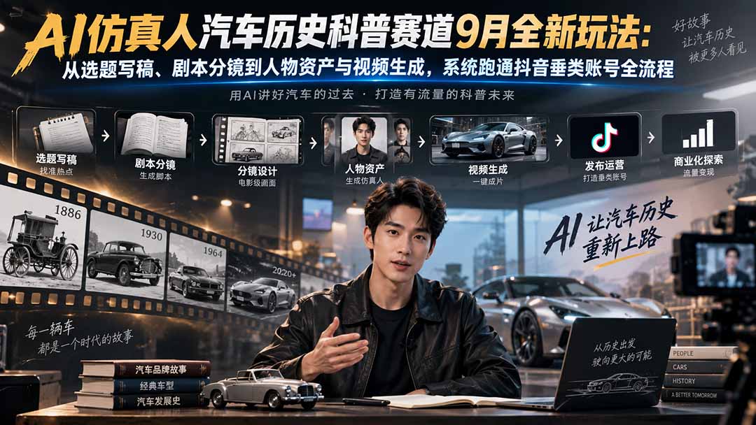 【精】AI仿真人汽车历史科普赛道9月全新玩法:从选题写稿、剧本分镜到人物资产与视频生成,系统跑通抖音垂类账号全流程 【精】AI仿真人汽车历史科普赛道9月全新玩法:从选题写稿、剧本分镜到人物资产与视频生成,系统跑通抖音垂类账号全流程