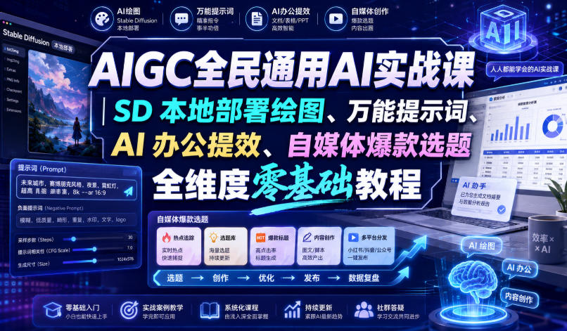 【精】AIGC全民通用AI实战课|SD本地部署绘图、万能提示词、AI办公提效、自媒体爆款选题全维度零基础教程 【精】AIGC全民通用AI实战课|SD本地部署绘图、万能提示词、AI办公提效、自媒体爆款选题全维度零基础教程
