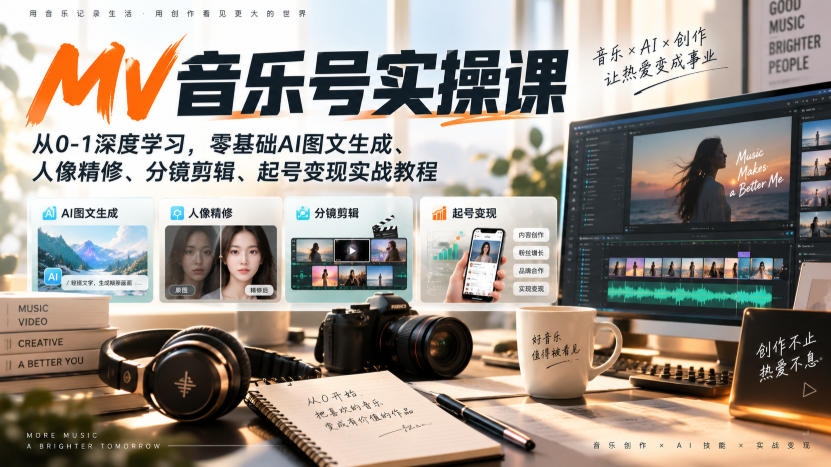 【精】AI MV音乐号实操课，从0-1深度学习，零基础AI图文生成、人像精修、分镜剪辑、起号变现实战教程
