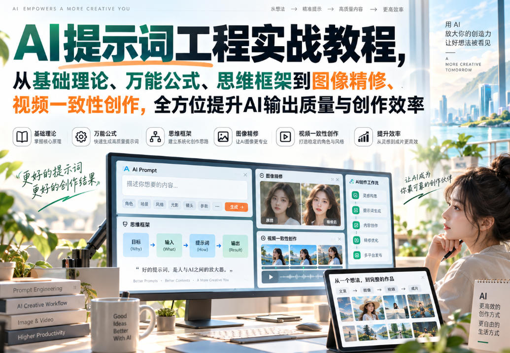 【精】AI提示词工程实战教程,从基础理论、万能公式、思维框架到图像精修、视频一致性创作,全方位提升AI输出质量与创作效率 【精】AI提示词工程实战教程,从基础理论、万能公式、思维框架到图像精修、视频一致性创作,全方位提升AI输出质量与创作效率
