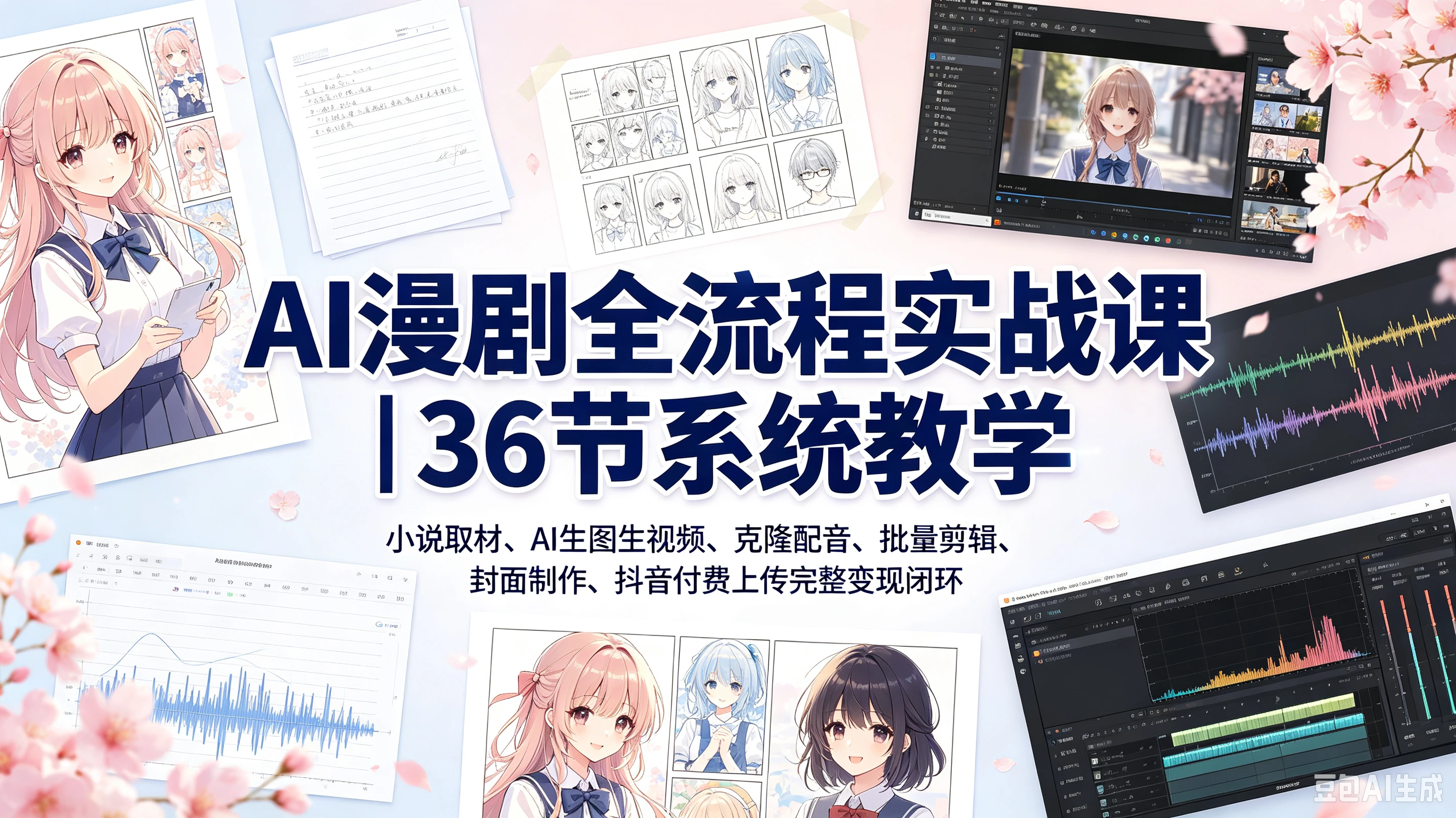 AI漫剧全流程实战课|36节系统教学,小说取材、AI生图生视频、克隆配音、批量剪辑、封面制作、抖音付费上传完整变现闭环
