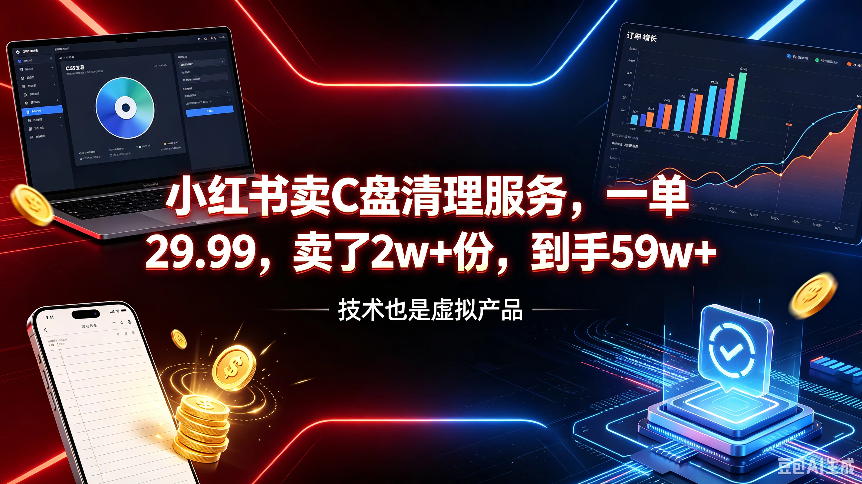 【精】小红书卖C盘清理服务，一单29.99，卖了2w+份，到手59w+，技术也是虚拟产品