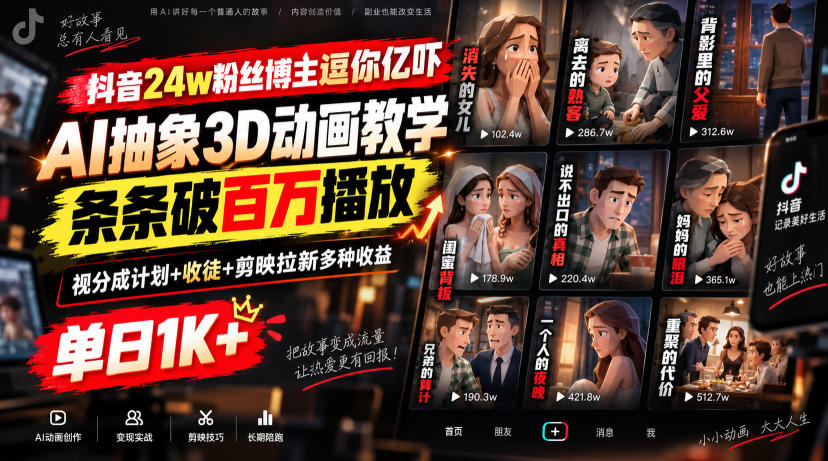 【精】抖音24w粉丝博主逗你亿吓AI抽象3D动画教学，条条破百万播放，分成计划+收徒+剪映拉新多种收益，单日1K+