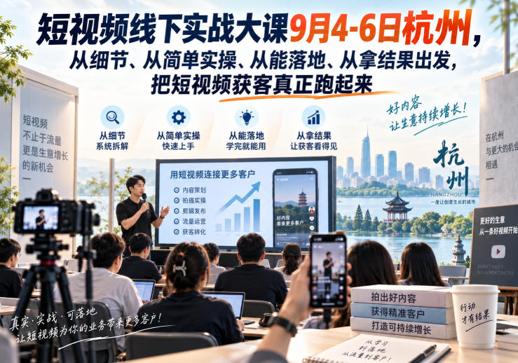 【精】短视频线下实战大课9月4-6日杭州,从细节、从简单实操、从能落地、从拿结果出发,把短视频获客真正跑起来(更新)