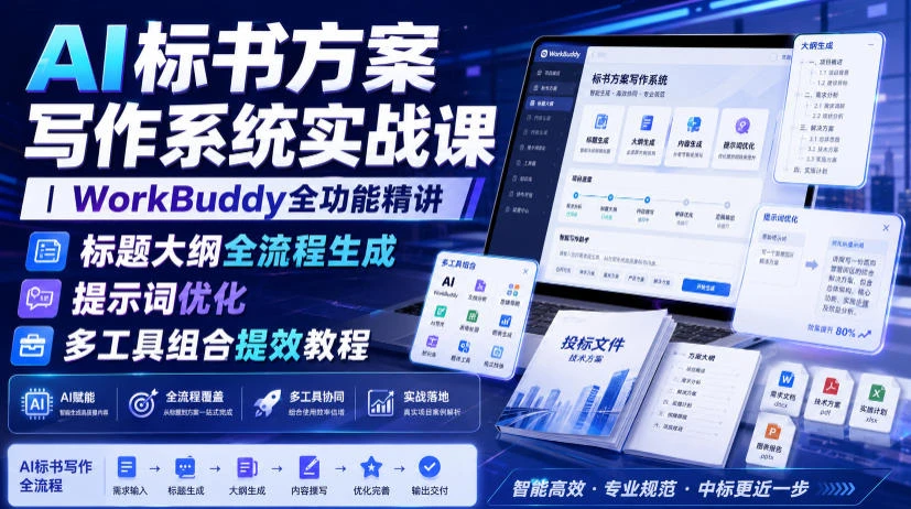 【精】AI标书方案写作系统实战课|WorkBuddy全功能精讲・标题大纲全流程生成・提示词优化・多工具组合提效教程