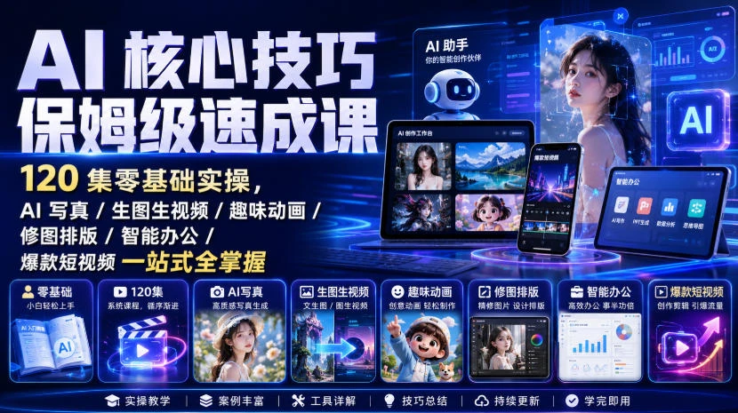 【精】AI核心技巧保姆级速成课|120集零基础实操,AI写真/生图生视频/趣味动画/修图排版/智能办公/爆款短视频一站式全掌握(更新) 【精】AI核心技巧保姆级速成课|120集零基础实操,AI写真/生图生视频/趣味动画/修图排版/智能办公/爆款短视频一站式全掌握(更新)