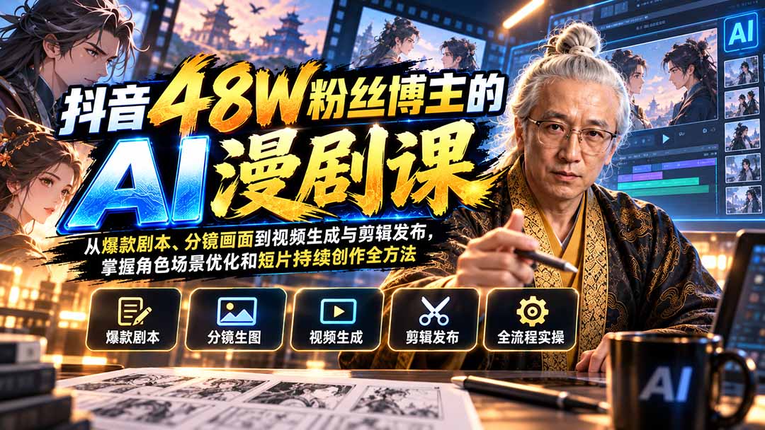 【精】抖音48W粉丝博主的AI漫剧课:从爆款剧本、分镜画面到视频生成与剪辑发布,掌握角色场景优化和短片持续创作全方法 【精】抖音48W粉丝博主的AI漫剧课:从爆款剧本、分镜画面到视频生成与剪辑发布,掌握角色场景优化和短片持续创作全方法