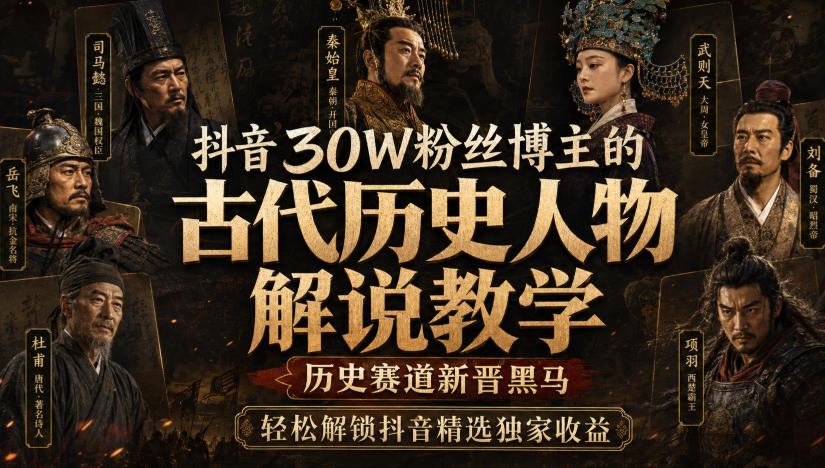 【精】抖音30W粉丝博主的古代历史人物解说教学，历史赛道新晋黑马，轻松解锁抖音精选独家收益